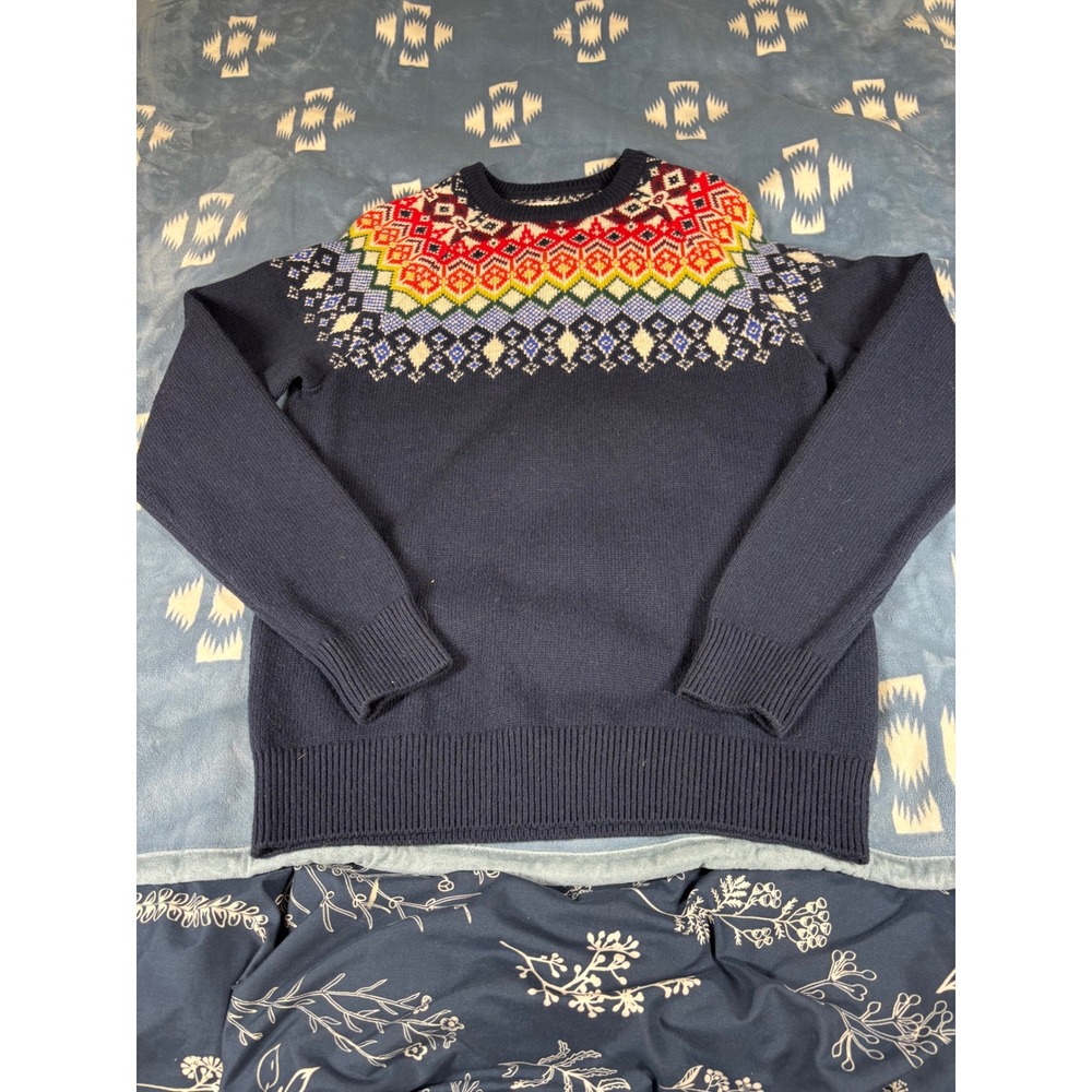 Gap Womens Navy Blue Rainbow Fair Isle Geometric Crew Neck Knit Sweater M
